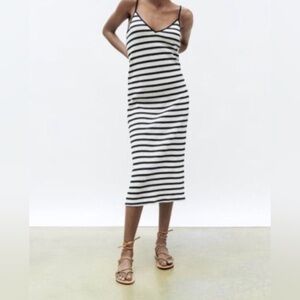 Zara Navy and White knit Striped Midi Dress Size L NWT